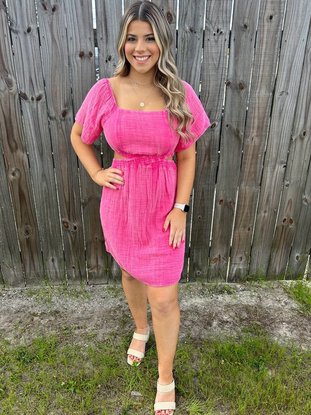 Simply Southern Hot Pink Cutout Smocked Summer Dress
